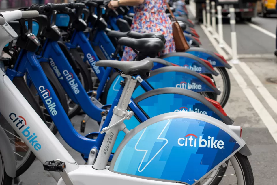 Close-up of Citi Bike electric shared bikes parked at a station